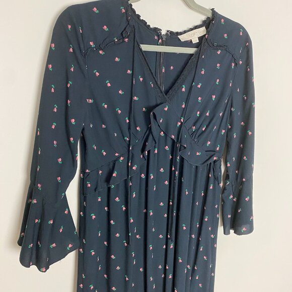 Loft Floral Midi Dress Ruffles Women Small Milkmaid Peasant Black Tiered - Picture 2 of 9